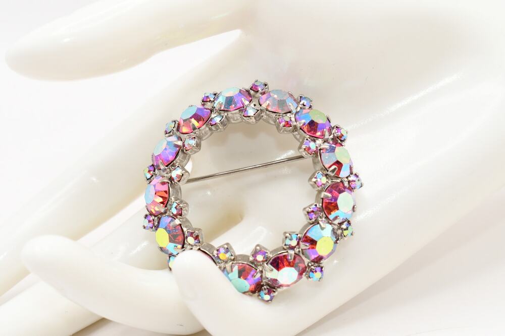 Vintage AB Pink Rhinestone Wreath Brooch Weiss Style Rhodium 1960s